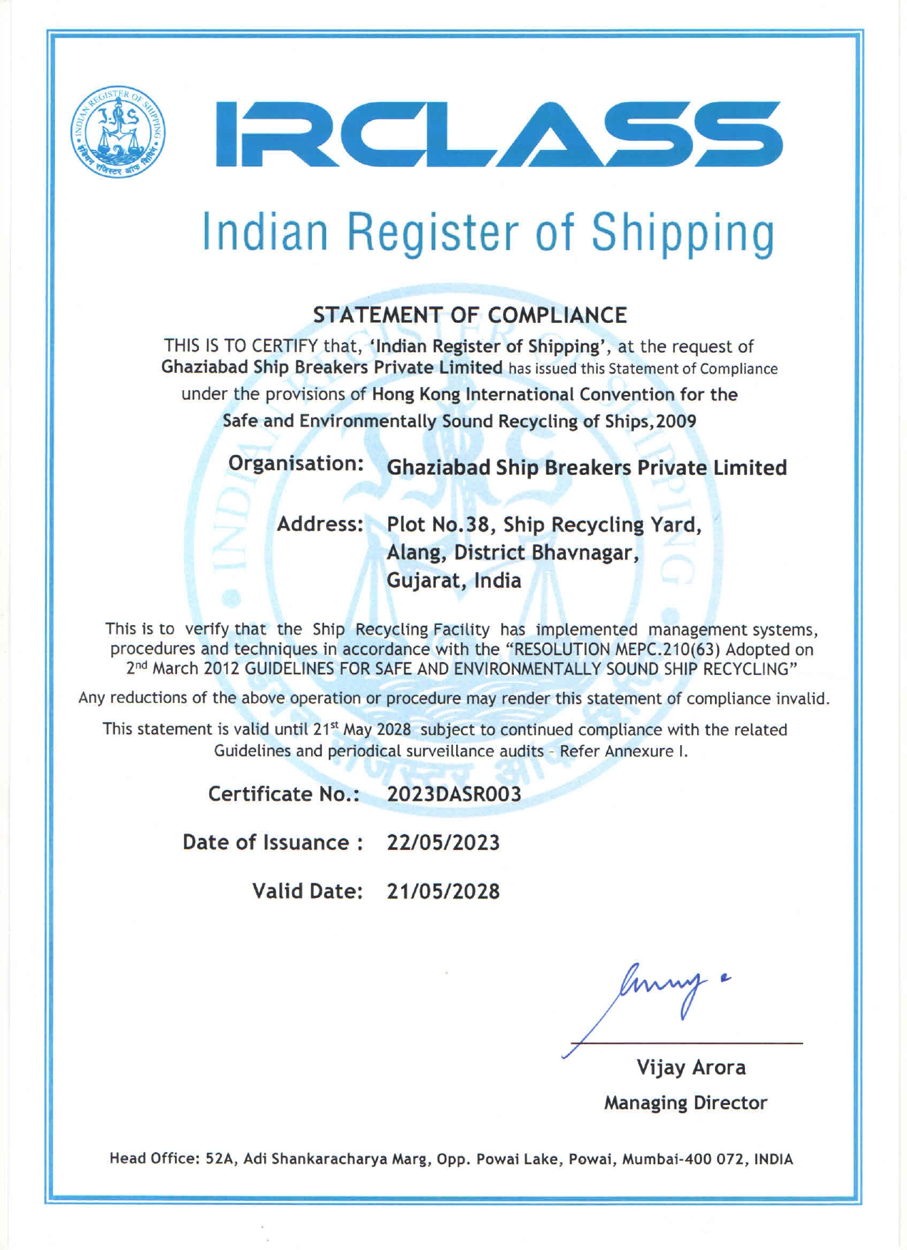 Ghaziabad-Ship-Breakers-irclass-certificate